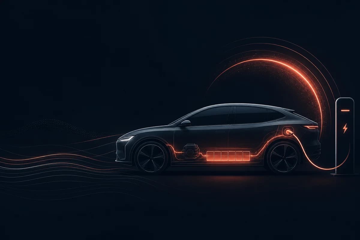 Electric vehicle outline with charging arc on LeaseGuru navy background