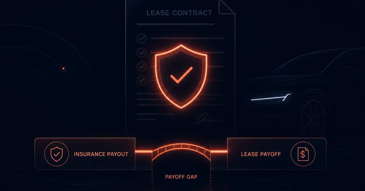Shield graphic over lease contract with payoff gap illustration on dark navy background