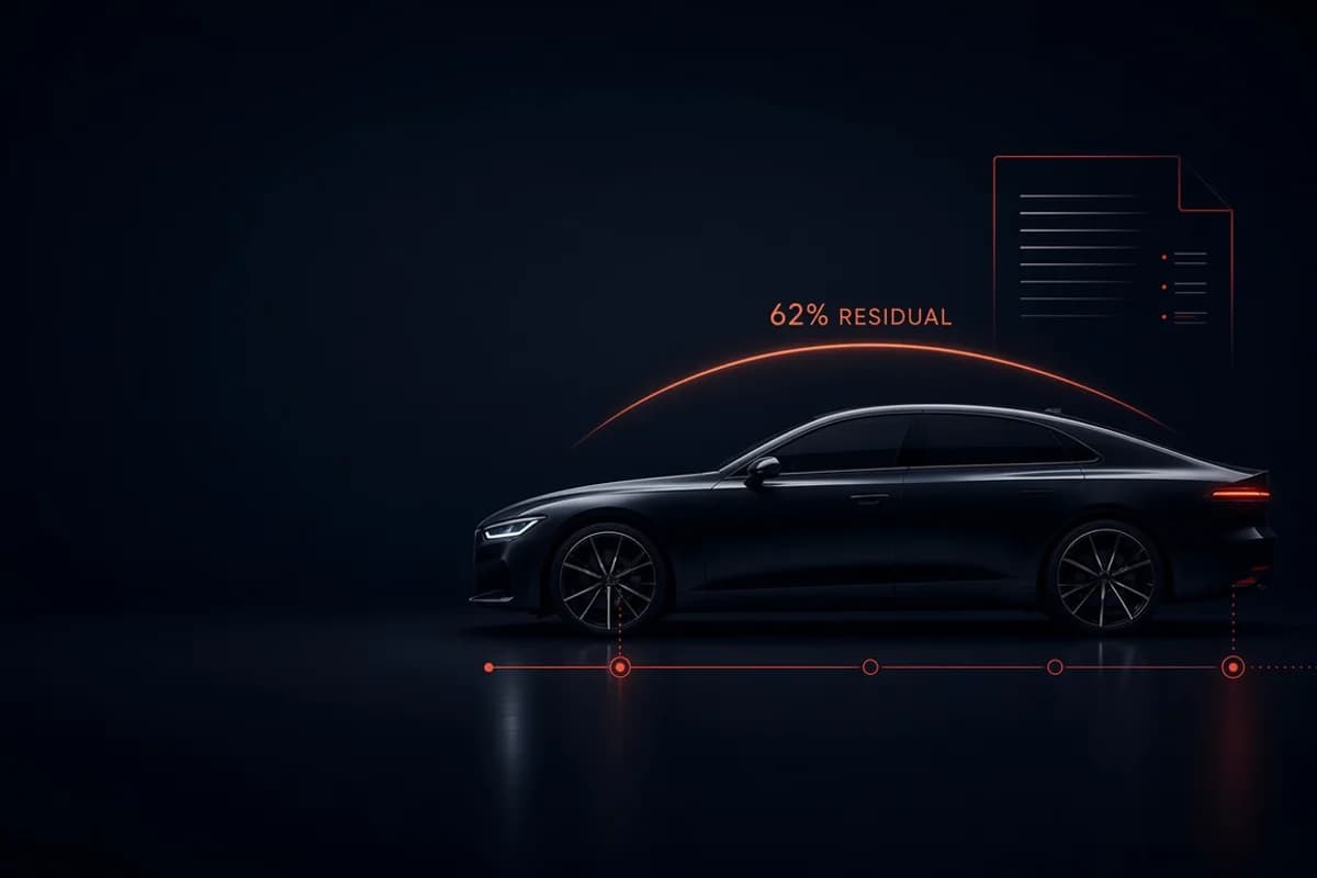 Dark luxury sedan with a coral residual overlay showing how a high residual lowers a BMW lease payment