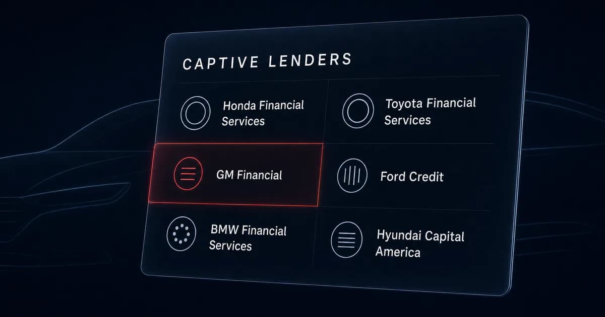 Directory-style graphic of lease financing companies, illustrating that Toyota Financial Services writes Toyota and Lexus leases
