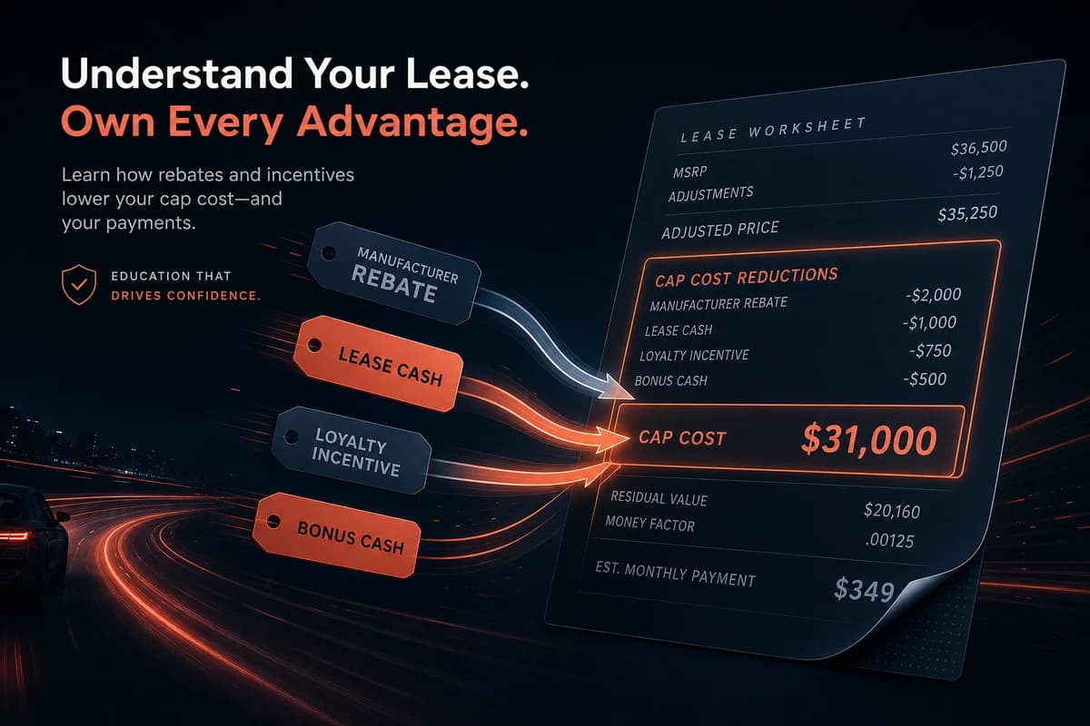 Rebate tags flowing into cap cost reduction on a stylized lease worksheet