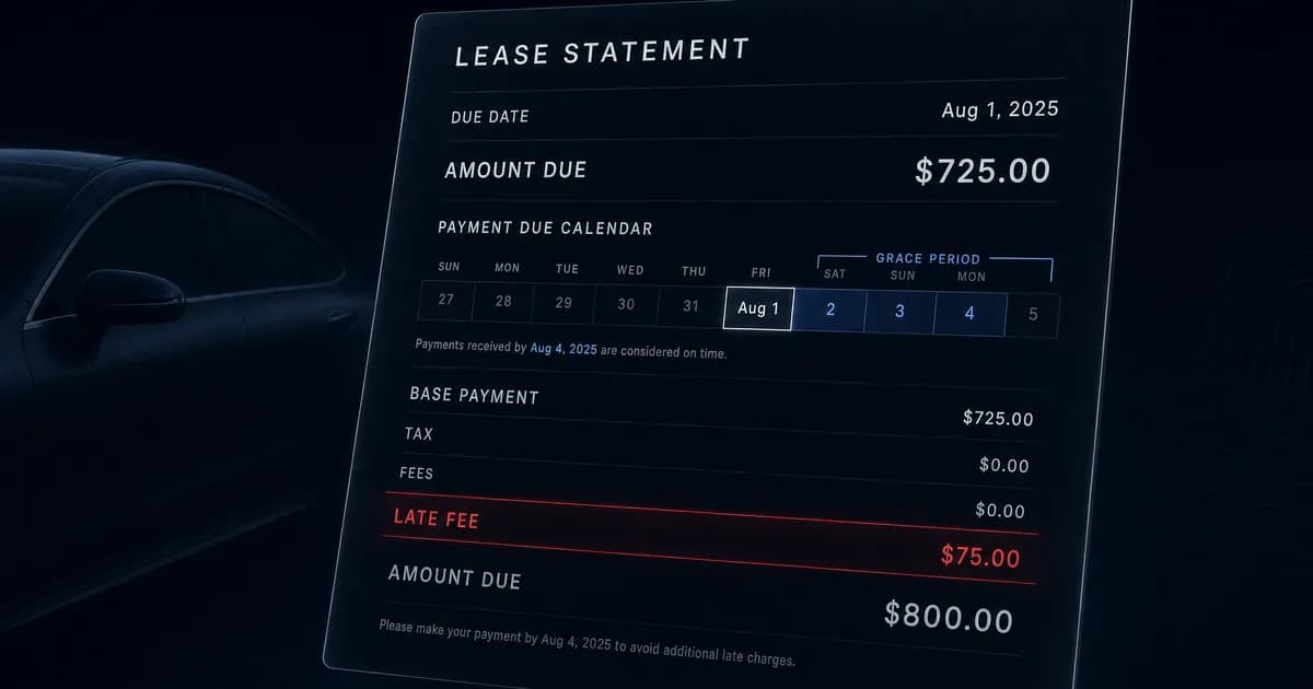 Lease billing statement highlighting grace period and late fee