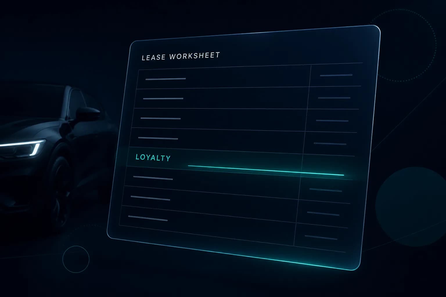 Lease worksheet line highlighting brand loyalty cash on a dark navy background
