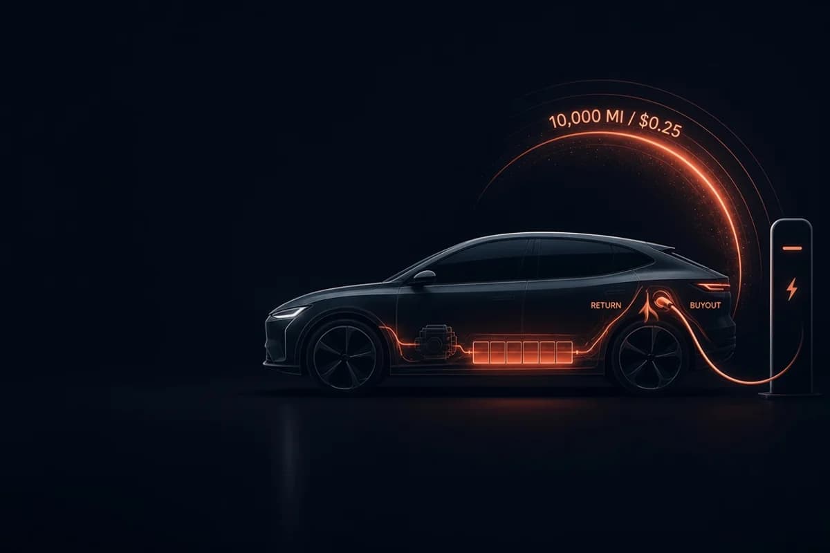 Dark electric hatchback on a charging pedestal with coral mileage and lease-end buyout overlays