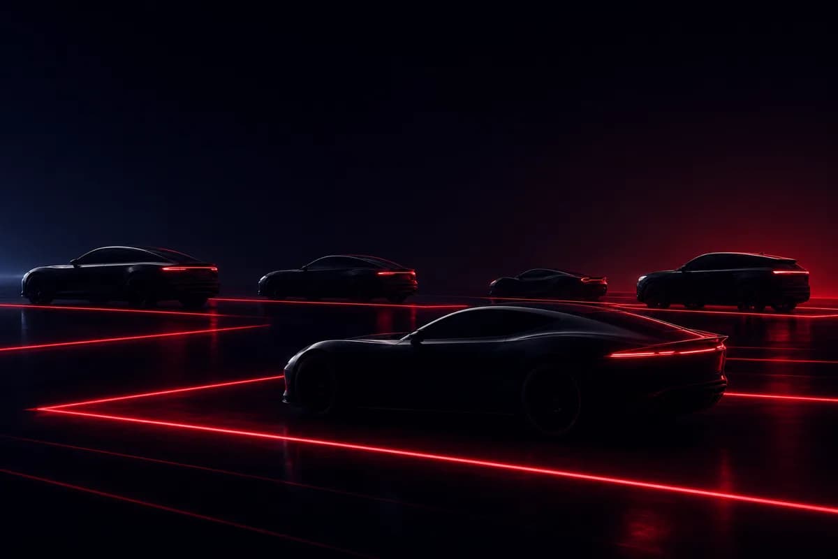 Dark showroom with abstract luxury car silhouettes